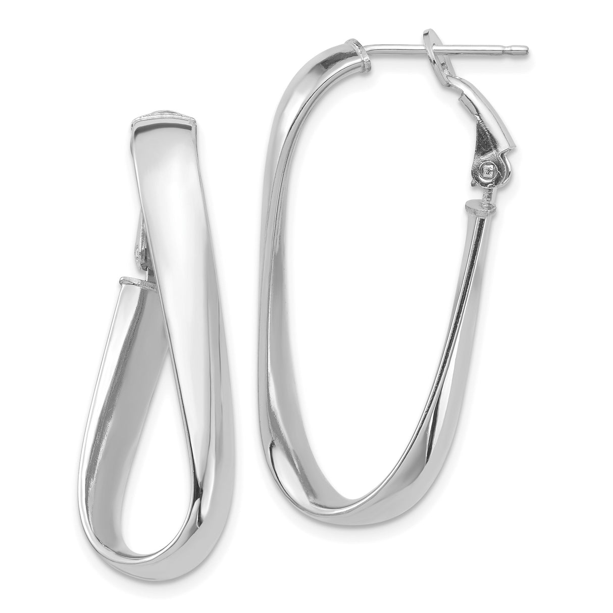 14k White Gold Hoop Earrings, Twisted Oval Design with High Polish Finish