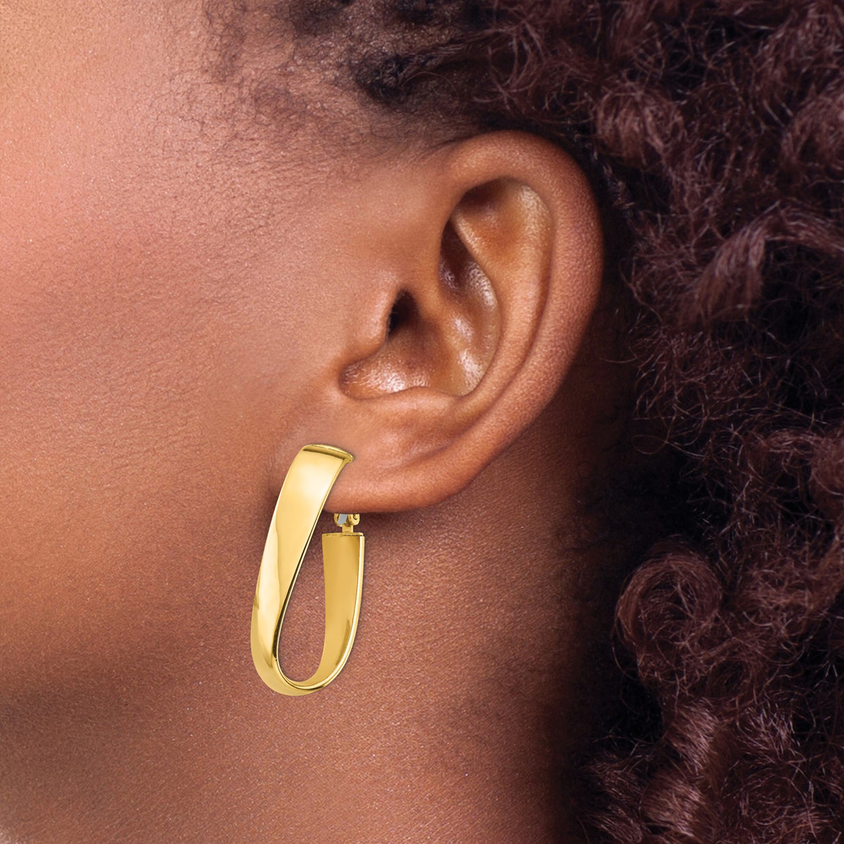 14k Yellow Gold Twisted Hoop Earrings with Open Crossover Design, Lightweight Oval Style for Women