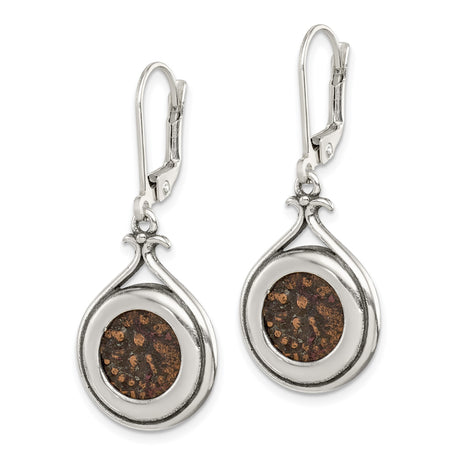 Sterling Silver Drop Earrings with Bezel Set Round Element and Textured Teardrop Frame