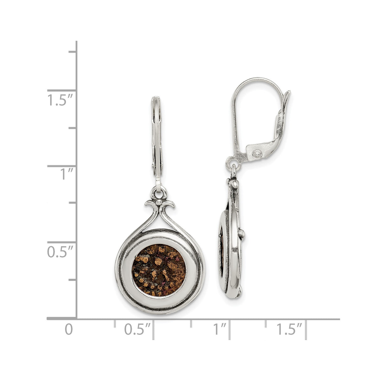 Sterling Silver Drop Earrings with Bezel Set Round Element and Textured Teardrop Frame