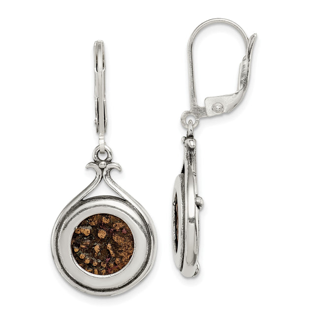 Sterling Silver Drop Earrings with Bezel Set Round Element and Textured Teardrop Frame