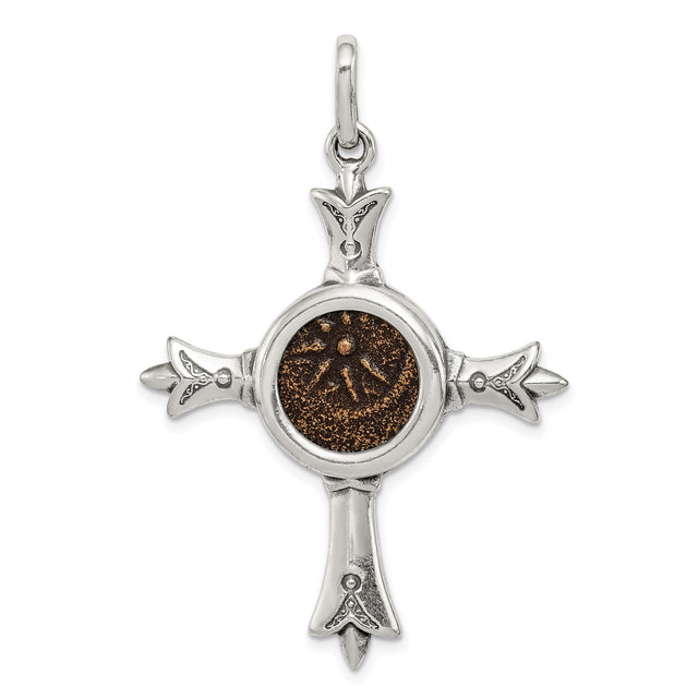 Sterling Silver Cross Pendant with Sunburst Coin and Antique Textured Metalwork