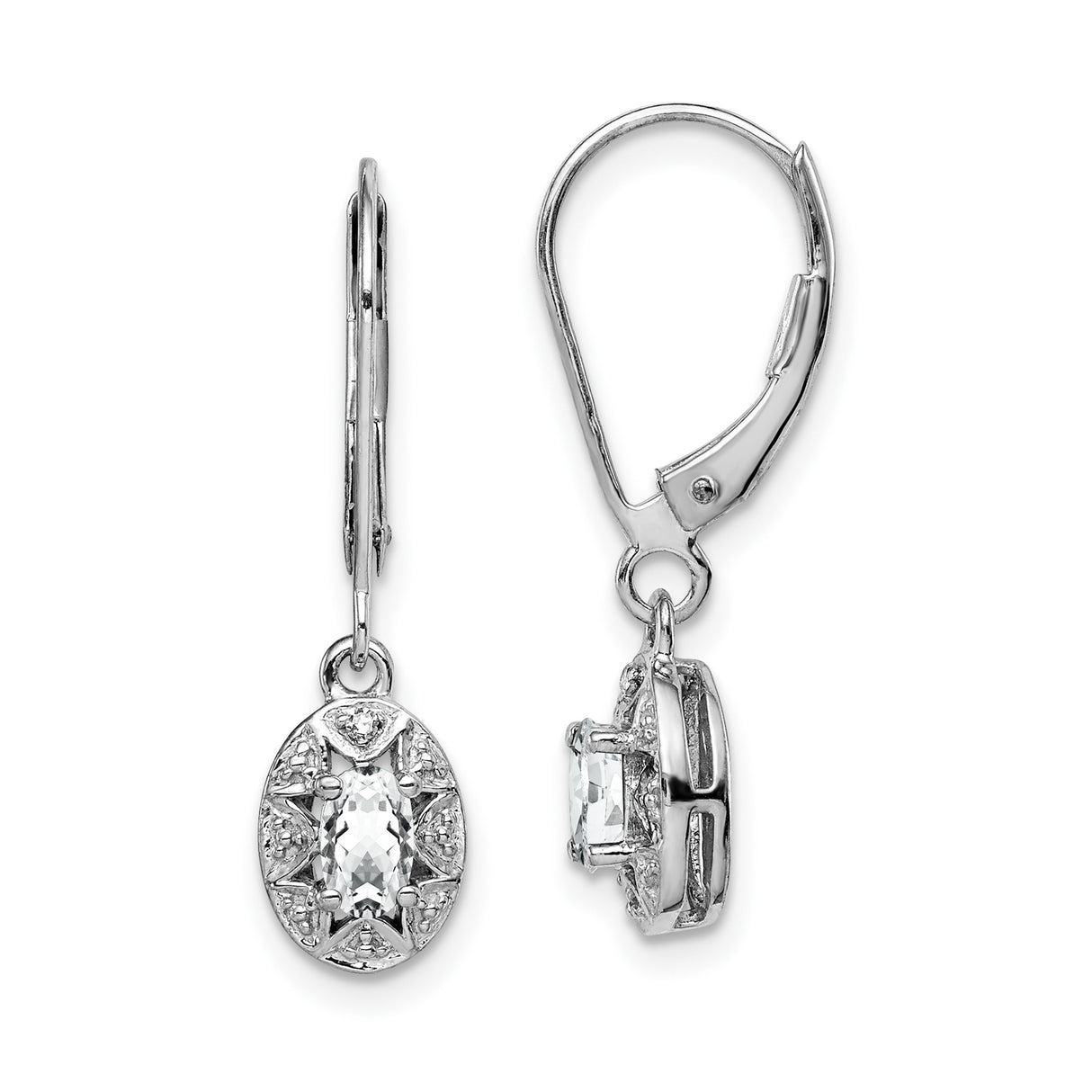 Sterling Silver Drop Earrings with White Topaz and Diamond, Oval Vintage Style for Women