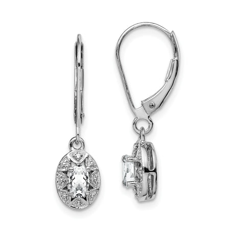 Sterling Silver Drop Earrings with White Topaz and Diamond, Oval Vintage Style for Women
