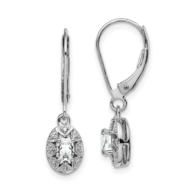 Sterling Silver Drop Earrings with White Topaz and Diamond, Oval Vintage Style for Women