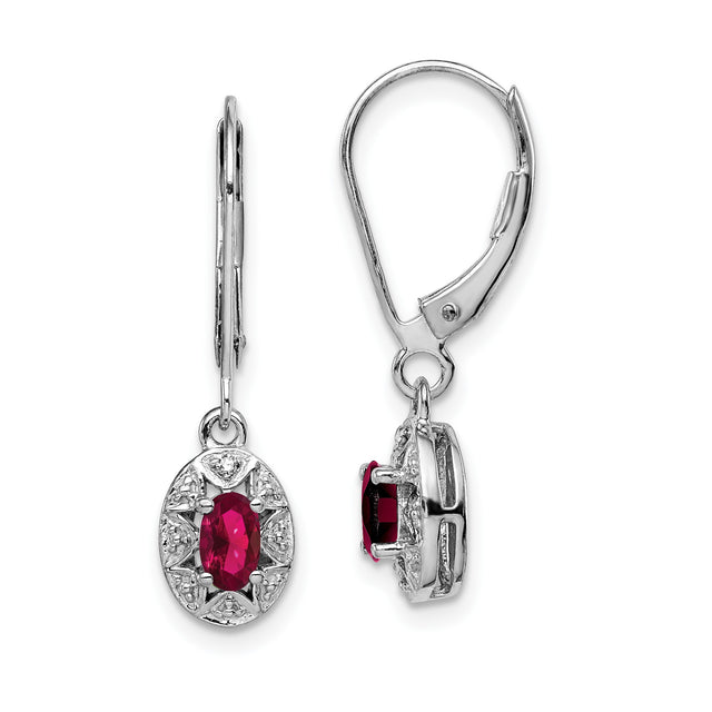 Sterling Silver Drop Earrings with Created Ruby and Diamond, Vintage Leverback Design