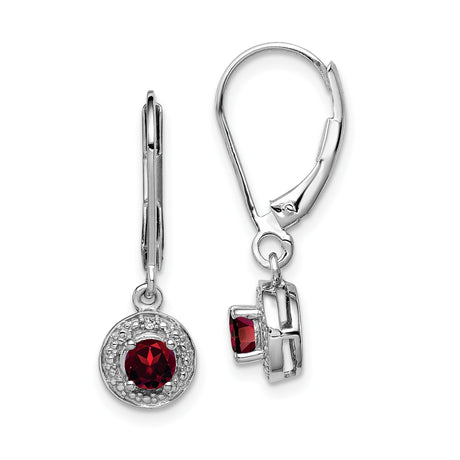Sterling Silver Dangle Earrings with Garnet and Diamond Halo, Leverback Drop Style for Women