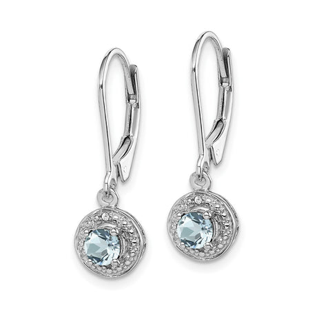 Sterling Silver Dangle Earrings with Aquamarine and Diamond, Halo Design, Leverback Closure