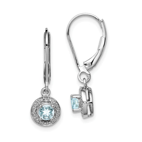 Sterling Silver Dangle Earrings with Aquamarine and Diamond, Halo Design, Leverback Closure