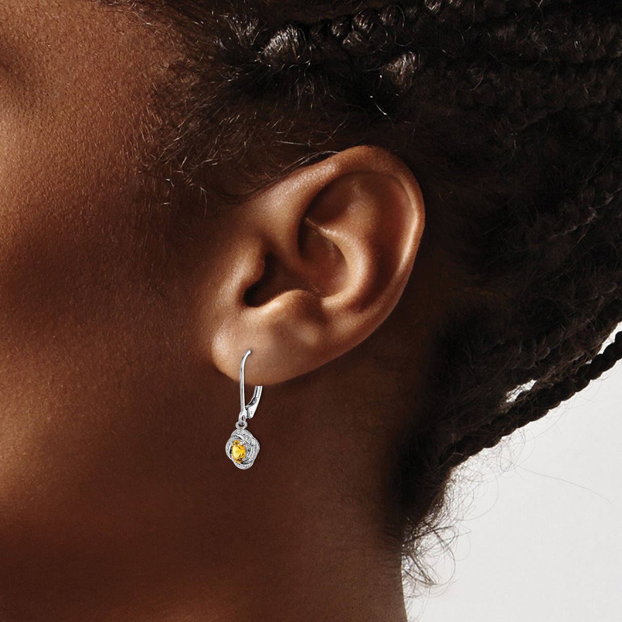 Sterling Silver Drop Earrings with Oval Citrine, Twist Design and Diamond Accents