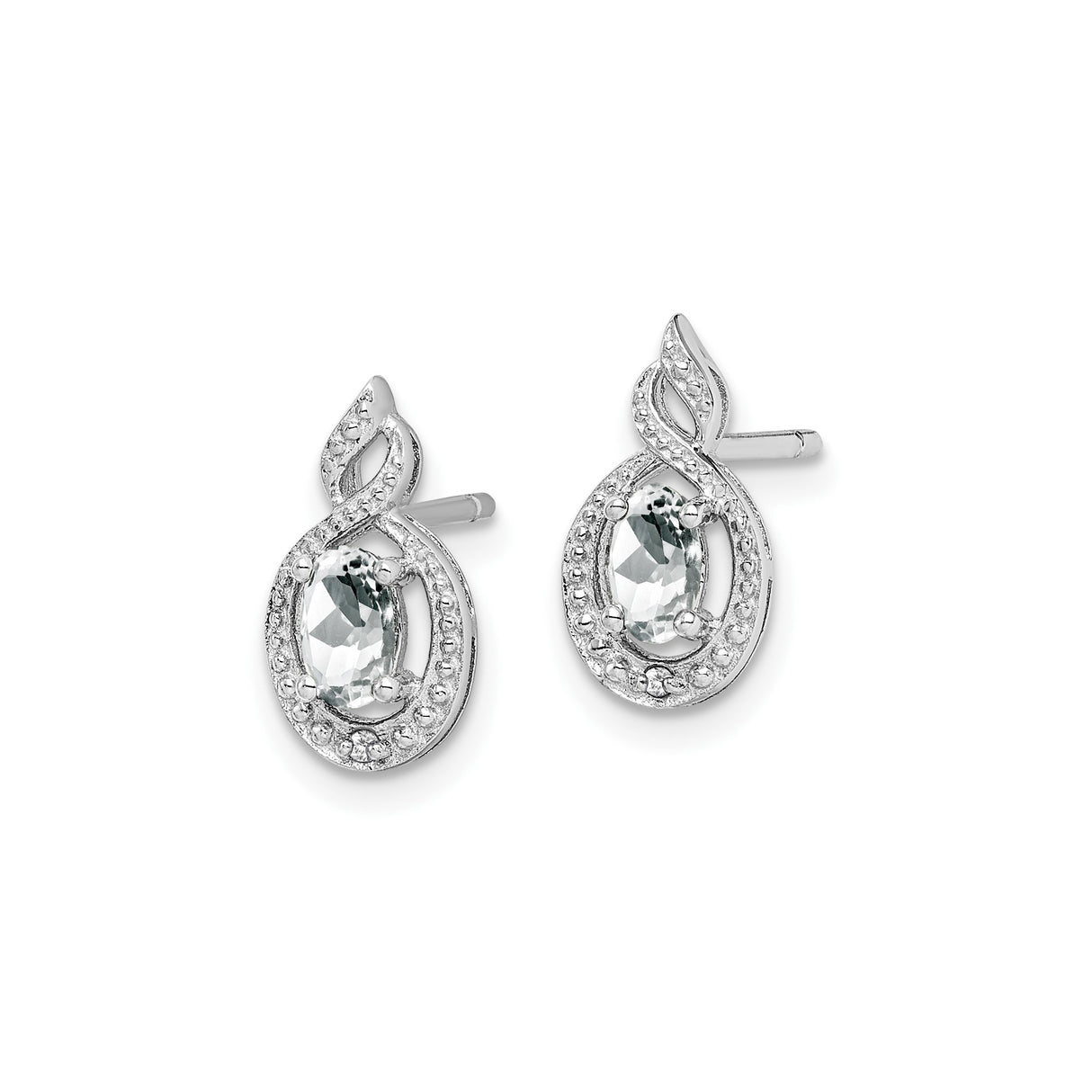 Sterling Silver Oval Stud Earrings with White Topaz and Diamond in Infinity Loop Design
