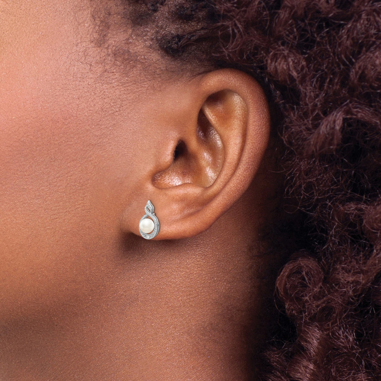 Sterling Silver Pearl Stud Earrings with Infinity Design and Cubic Zirconia Accents