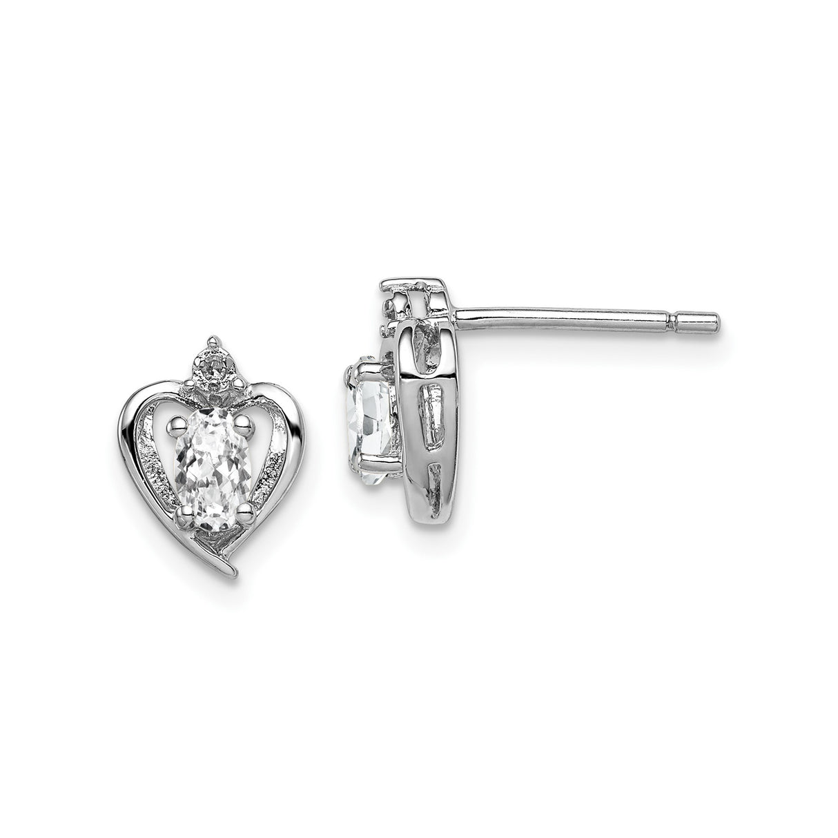 Sterling Silver Heart Shaped Stud Earrings with Oval White Topaz and Diamond Accent