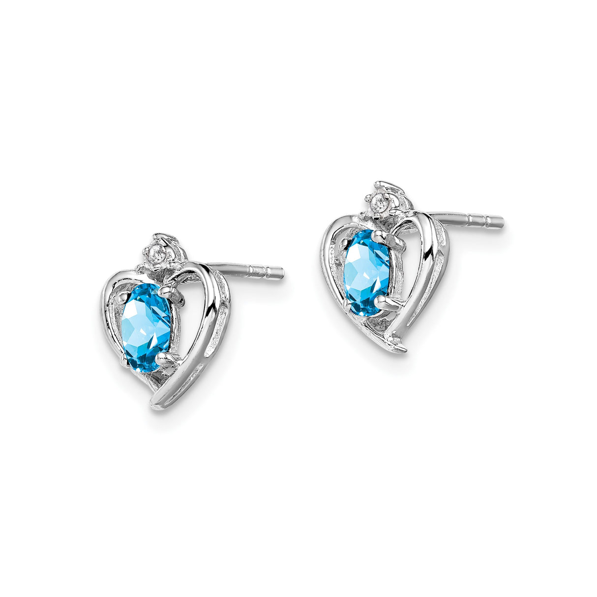 Sterling Silver Heart Stud Earrings with Swiss Blue Topaz and Diamond Accents