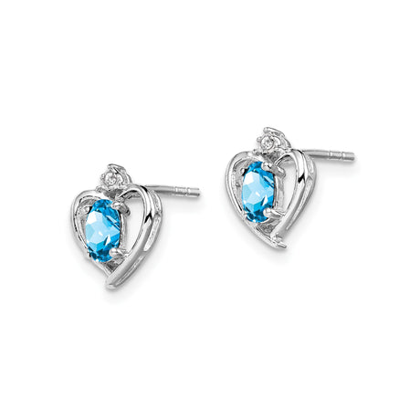 Sterling Silver Heart Stud Earrings with Swiss Blue Topaz and Diamond Accents