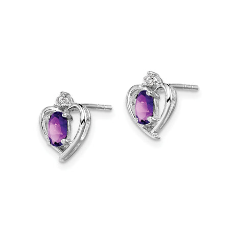 Sterling Silver Heart Shaped Stud Earrings with Amethyst and Diamond Accents