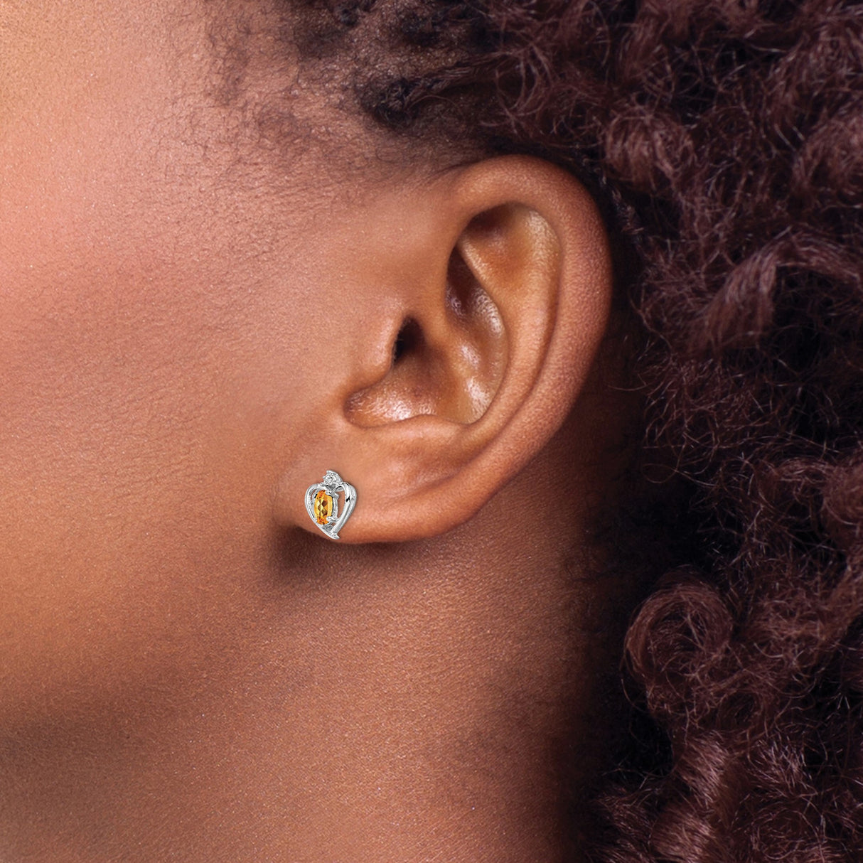 Sterling Silver Heart Stud Earrings with Citrine and Diamond Accents, Open Heart Design