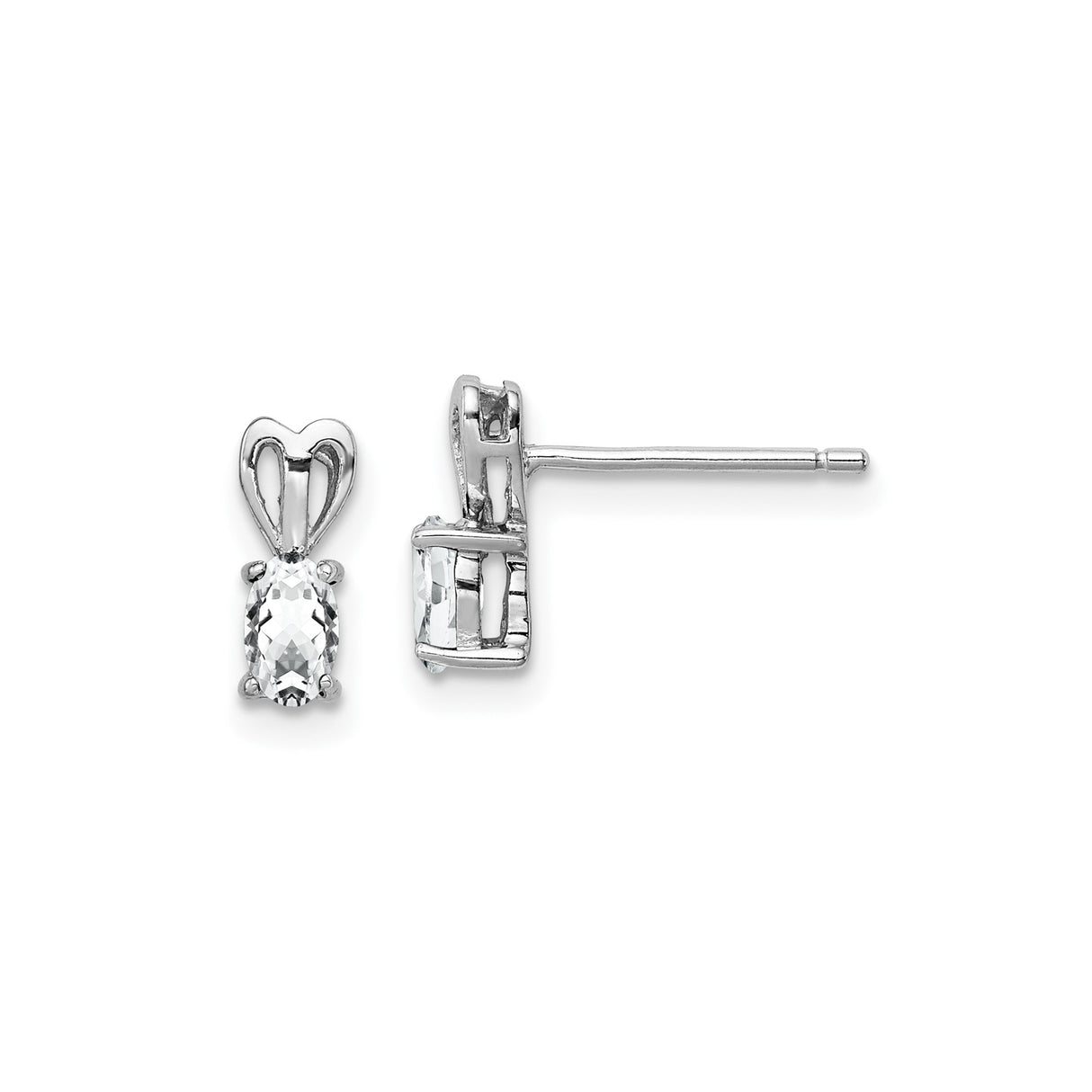 Sterling Silver Heart Shaped Stud Earrings with White Topaz Oval Gemstones