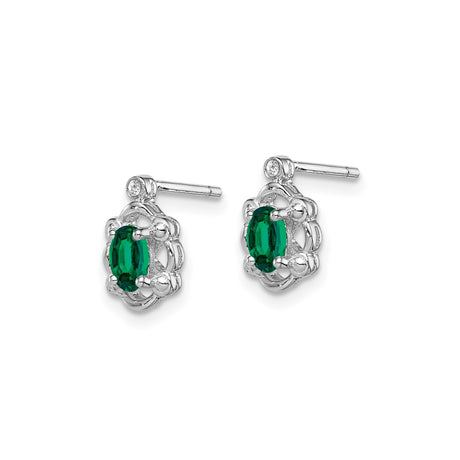 Sterling Silver Stud Earrings with Created Emerald and Diamond, Vintage Floral Style