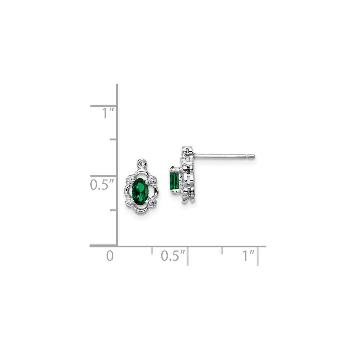 Sterling Silver Stud Earrings with Created Emerald and Diamond, Vintage Floral Style