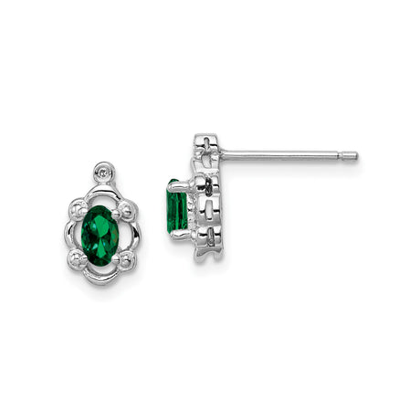 Sterling Silver Stud Earrings with Created Emerald and Diamond, Vintage Floral Style