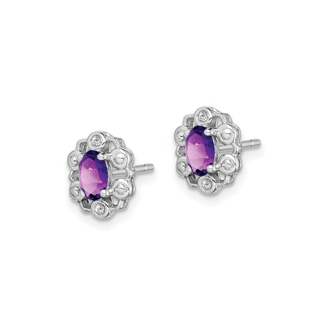 Sterling Silver Stud Earrings with Oval Amethyst and Diamond Accents, Floral Vintage Style