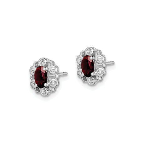 Sterling Silver Stud Earrings with Garnet and Diamond, Vintage Floral Filigree Design