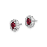 Sterling Silver Stud Earrings with Created Ruby, Floral Border and Diamond Accents