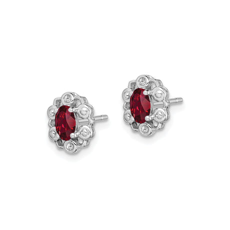Sterling Silver Stud Earrings with Created Ruby, Floral Border and Diamond Accents