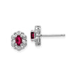 Sterling Silver Stud Earrings with Created Ruby, Floral Border and Diamond Accents