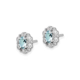 Sterling Silver Stud Earrings with Oval Aquamarine and Diamond, Vintage Floral Filigree Design