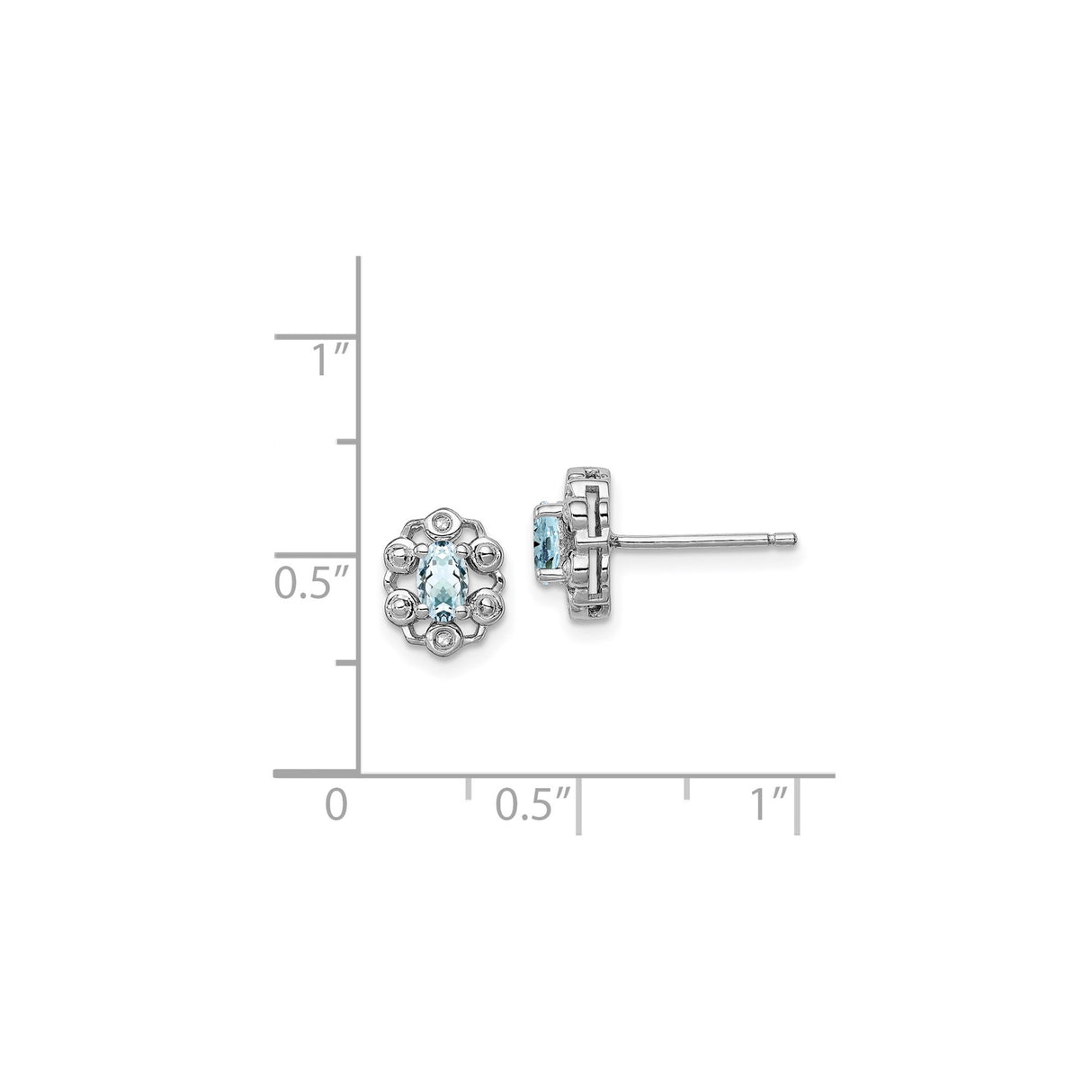 Sterling Silver Stud Earrings with Oval Aquamarine and Diamond, Vintage Floral Filigree Design