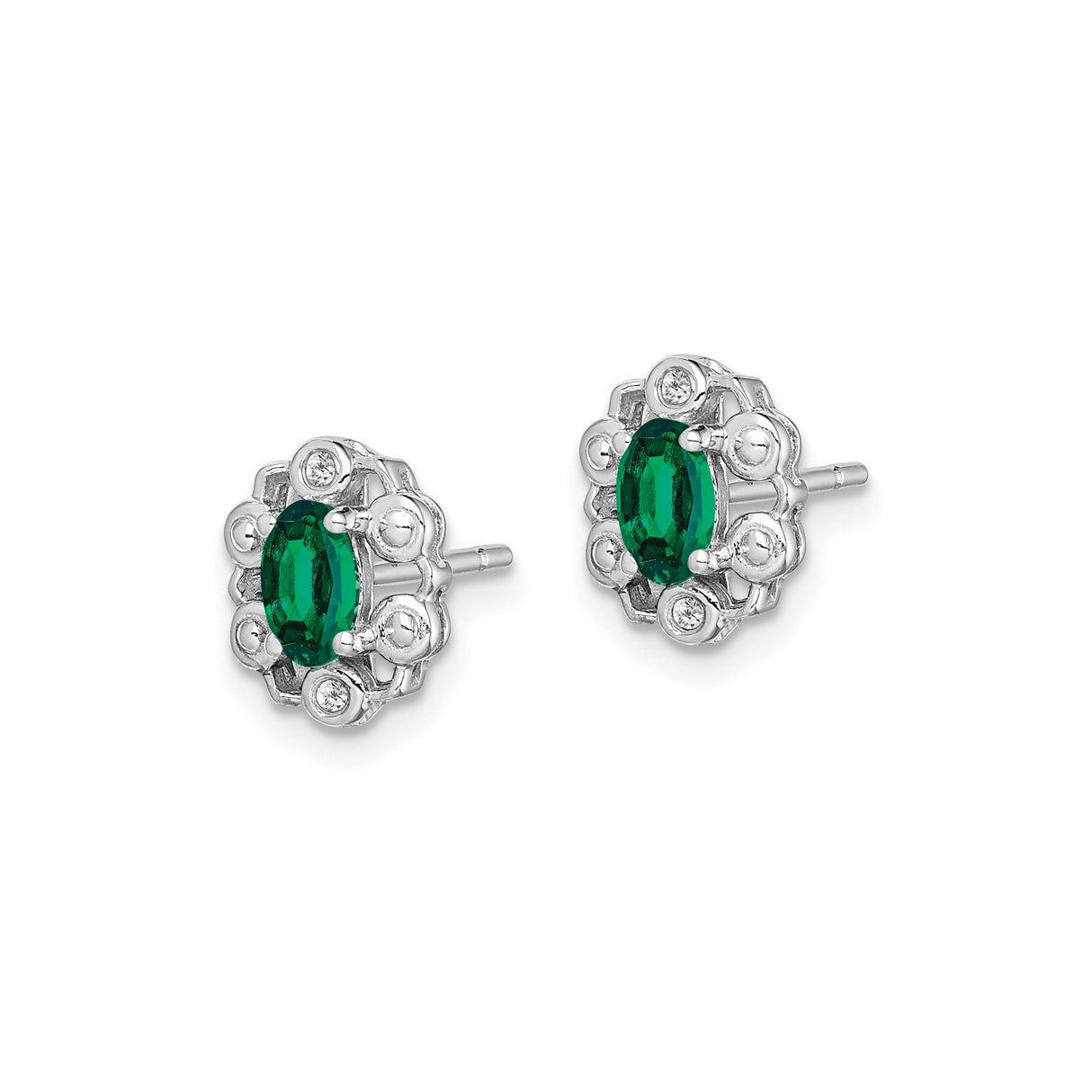 Sterling Silver Stud Earrings with Created Emerald, Diamond Accents, Vintage Floral Design