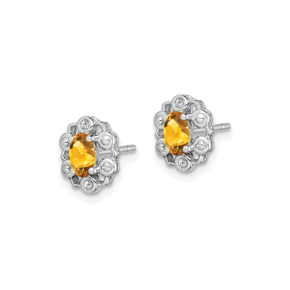 Sterling Silver Citrine Stud Earrings, Oval Cut with Diamond Accents, Vintage Floral Design