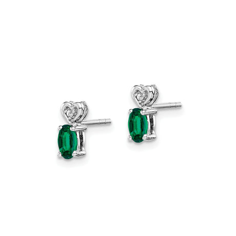 Sterling Silver Stud Earrings with Created Emerald and Heart Design, Romantic Fine Jewelry