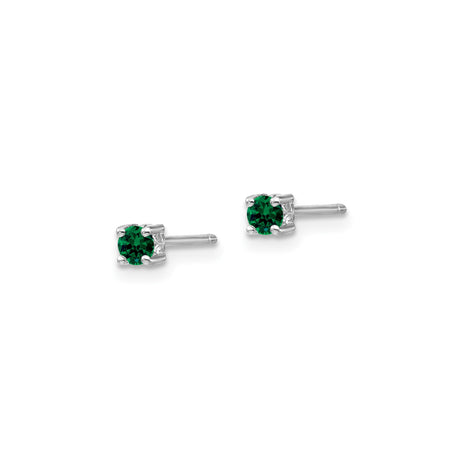Sterling Silver Stud Earrings with Created Emerald, Round Cut, Four Prong Setting