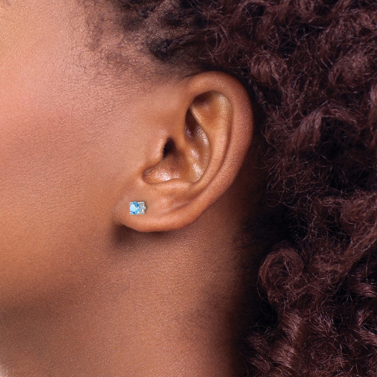 Sterling Silver Stud Earrings with Round Aquamarine in Four Prong Setting
