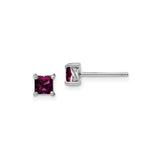 Sterling Silver Stud Earrings with 4mm Princess Cut Rhodolite Garnet, Minimalist Style