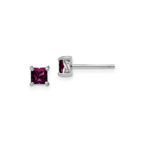 Sterling Silver Stud Earrings with 4mm Princess Cut Rhodolite Garnet, Minimalist Style