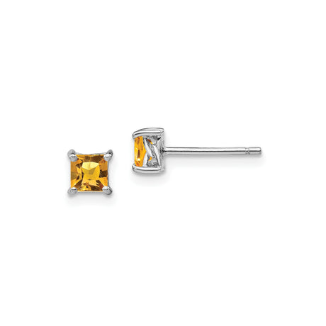 Sterling Silver Stud Earrings with Square Cut Yellow Citrine Stones in Four Prong Setting, Princess Cut Gemstone Studs, Minimalist Silver Jewelry for Women, November Birthstone Daily Wear