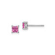 Sterling Silver Stud Earrings with Princess Cut Created Pink Sapphire, Dainty Minimalist Style
