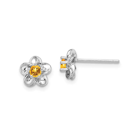 Sterling Silver Floral Stud Earrings with Citrine Center, Nature-Inspired Design for Women