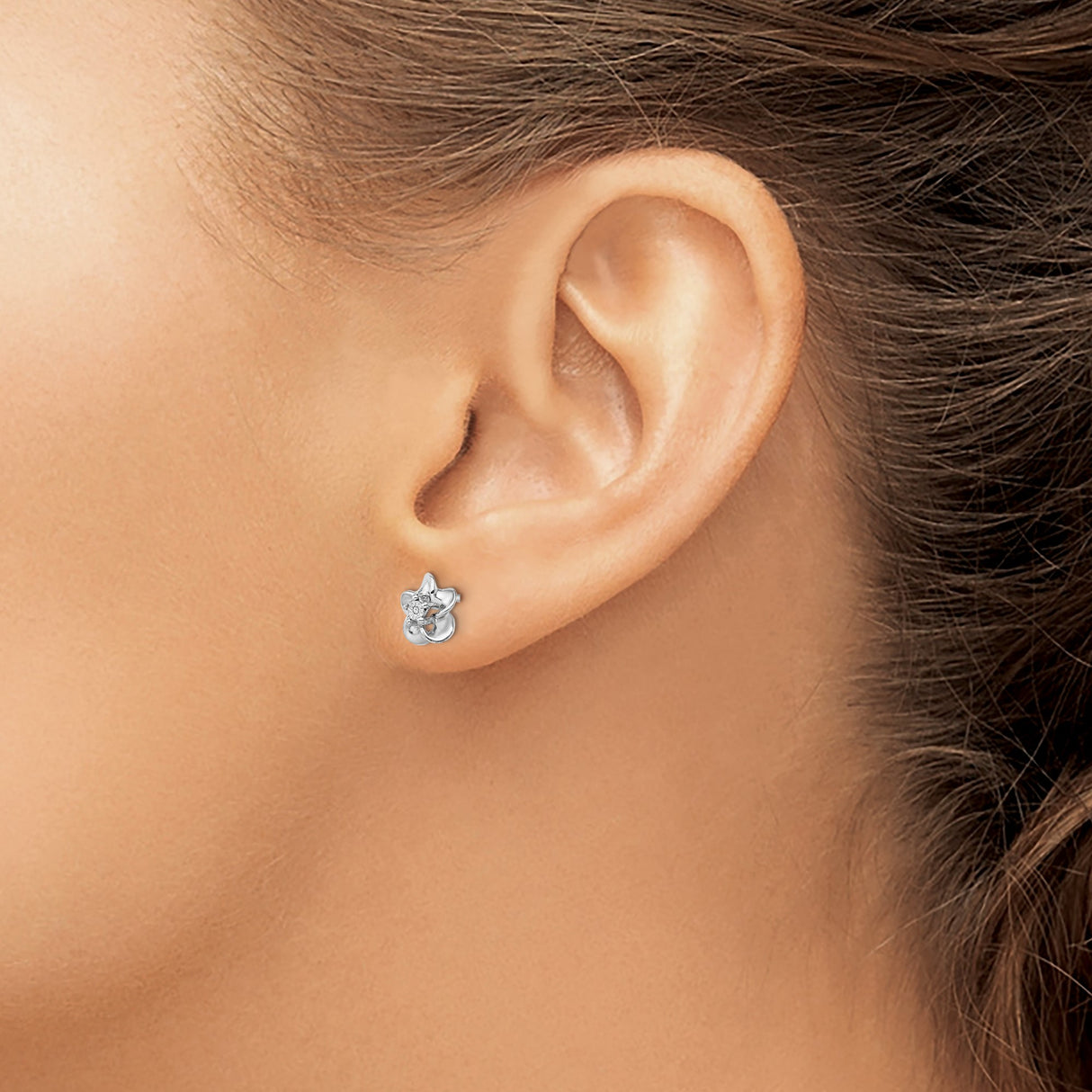 Sterling Silver Flower Stud Earrings with Diamond Center, Five Petal Floral Design for Women
