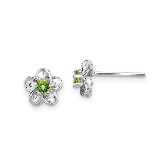 Sterling Silver Flower Stud Earrings with Peridot Center, Nature-Inspired Design for Women