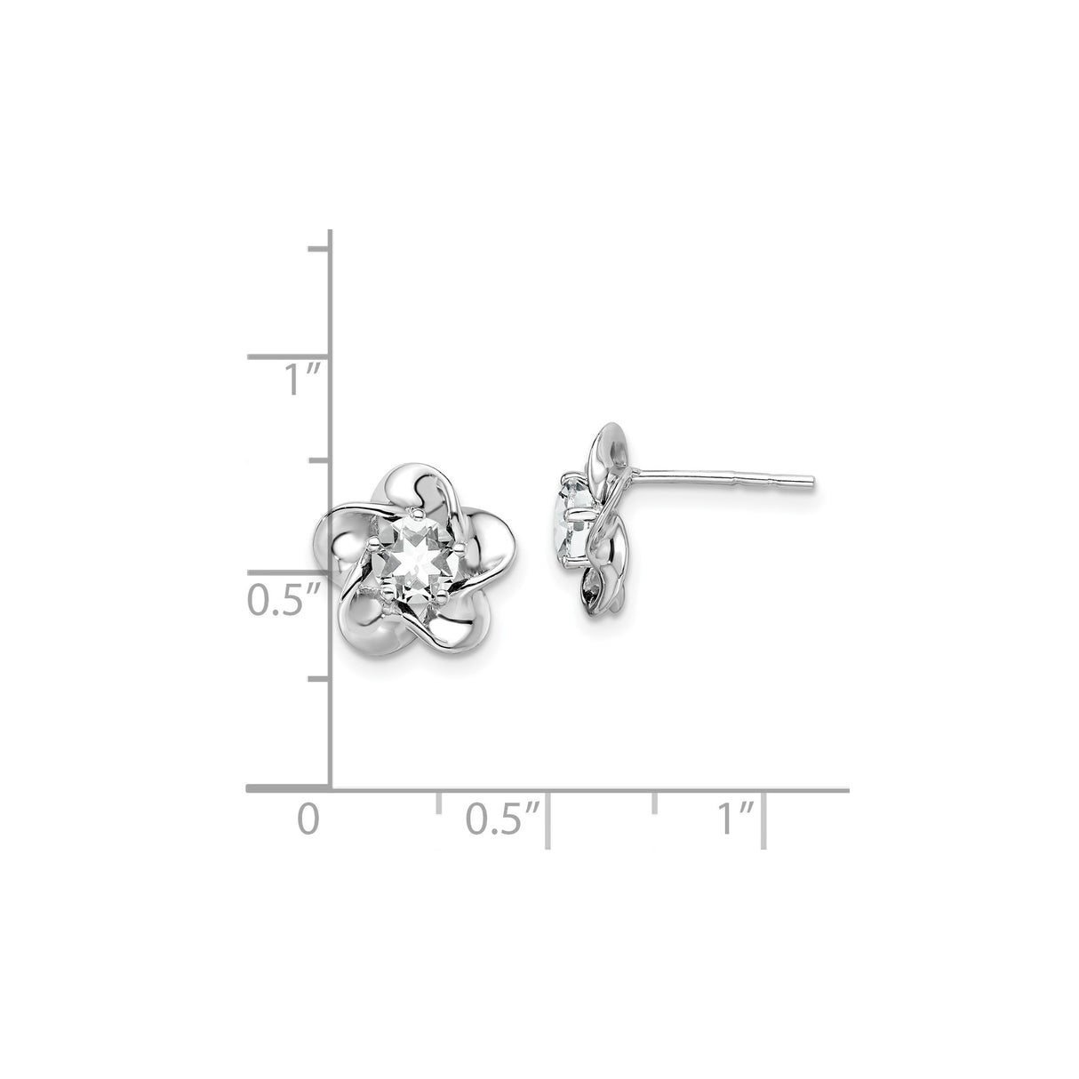Sterling Silver Flower Stud Earrings with White Topaz, Polished Floral Loop Design