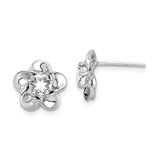 Sterling Silver Flower Stud Earrings with White Topaz, Polished Floral Loop Design