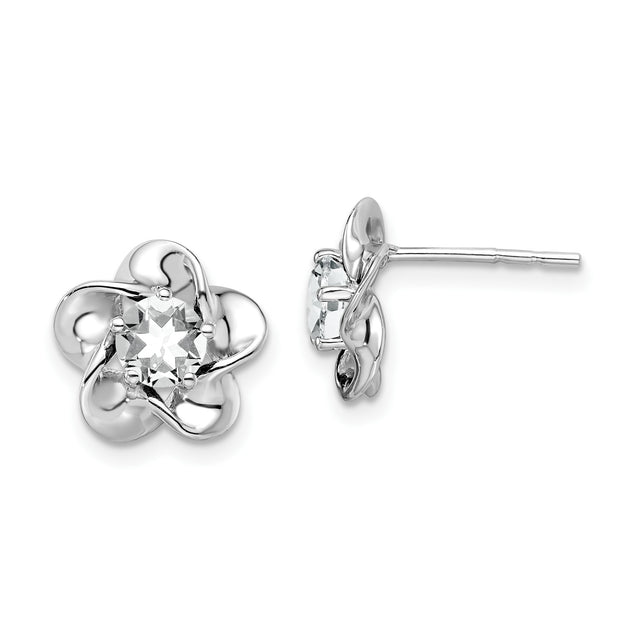 Sterling Silver Flower Stud Earrings with White Topaz, Polished Floral Loop Design