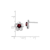 Sterling Silver Flower Stud Earrings with Garnet Center, Romantic Floral Design