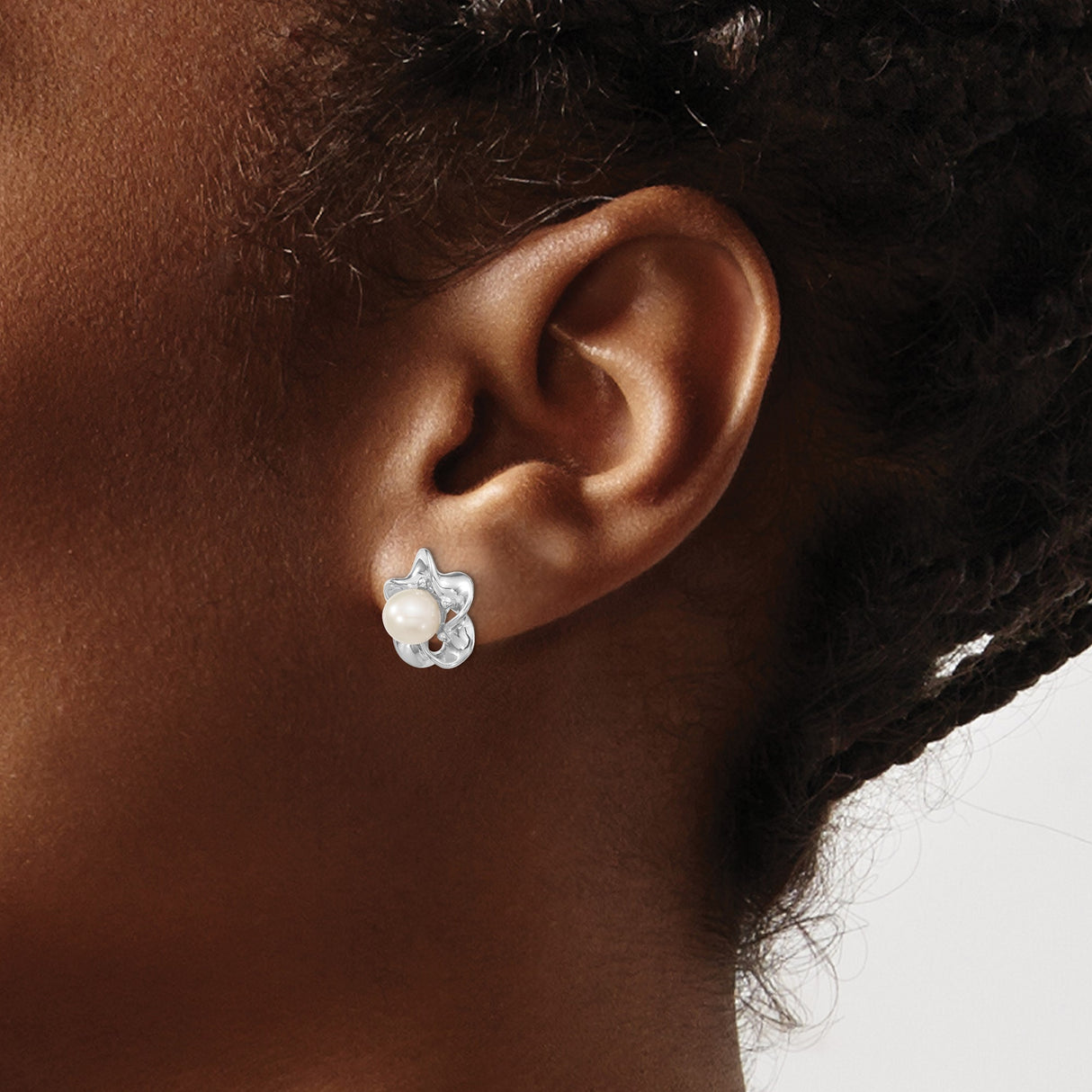 Sterling Silver Pearl Stud Earrings with White Cultured Pearl, Floral Motif Design for Women