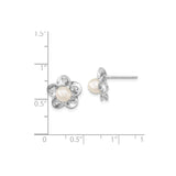 Sterling Silver Pearl Stud Earrings with White Cultured Pearl, Floral Motif Design for Women